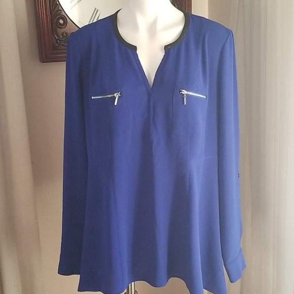 Rafaella Tops - Rafaella Faux Leather Neck Trim Blouse XL